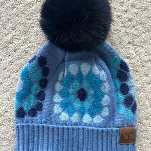 CC Boutique Blue Flower Patterned Beanie with Pom Pom